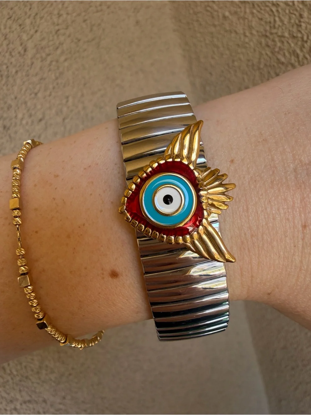 Silver Stretch Bracelet with Fish and Gold Red Evil Eye Accent - Picture 3 of 4